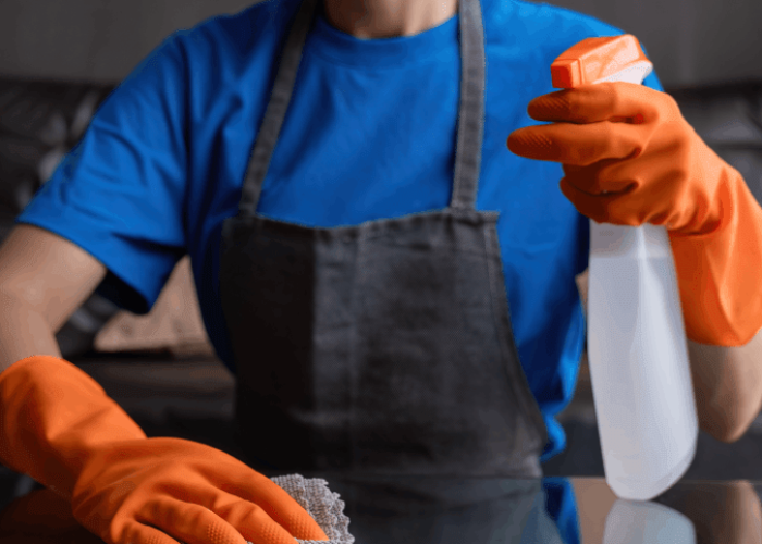 New-Project-20.png Frau in blauer Kleidung und Schürze putzt mit Sprühflasche und Tuch